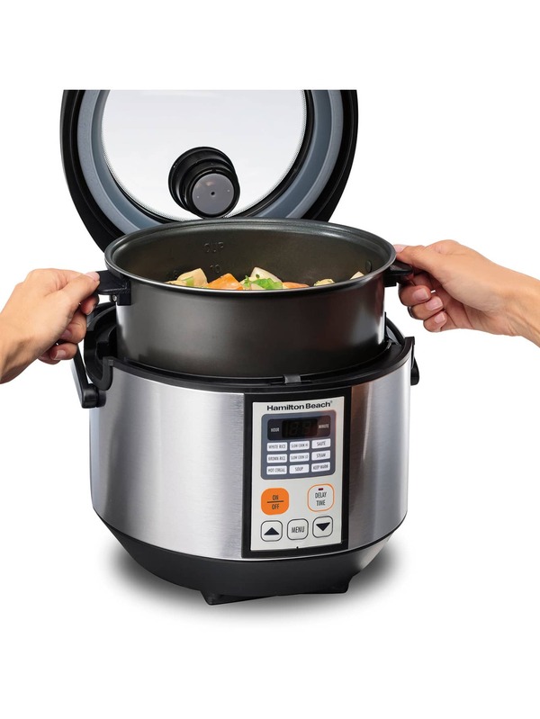 Olla eléctrica cocción múltiple Hamilton Beach 4.3 LTS – Cocina Lenta, Vaporera, Saltea y Mantiene Caliente – Olla Eléctrica Multifunción con Temporizador, Antiadherente y Tapa de Vidrio