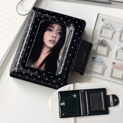 【クロス&スター柄】ドット 水玉 トレカアルバム ミニフォトアルバム 3インチ カードホルダー ブラック スナップボタン ゴシック風 おしゃれ コレクション ギフト プレゼント デコアルバム デコアルバムいぐるみドアルバム抜き差し可能内側ページ写真カードコレクション収納アルバム 入学準備