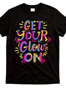 Let's Go Crazy With Birthday Glow-In-The-Dark Retro 80s 90s T-Shirts, Unisex, 2025 Summer Short-Sleeve Printed T-Shirt, 220g Pure Cotton, Birthday Party Outfit, Retro Clothing Shirt, Printed T-Shirt, Glow-In-The-Dark, Breathable Material, Durable Stitching, Short-Sleeve Top, Printed Pattern T-Shirt, Party Participant - 黑色 - 查看 1