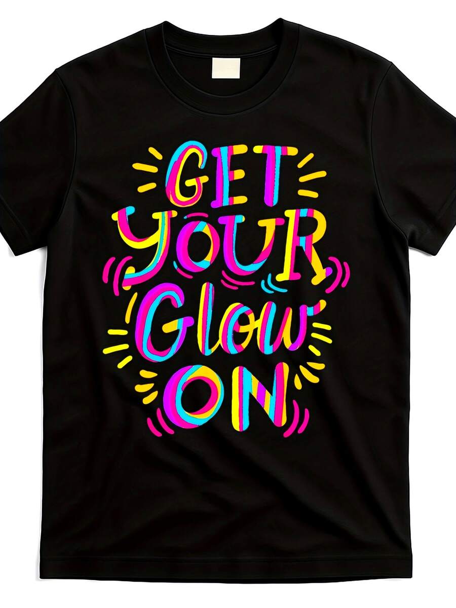 Let's Go Crazy With Birthday Glow-In-The-Dark Retro 80s 90s T-Shirts, Unisex, 2025 Summer Short-Sleeve Printed T-Shirt, 220g Pure Cotton, Birthday Party Outfit, Retro Clothing Shirt, Printed T-Shirt, Glow-In-The-Dark, Breathable Material, Durable Stitching, Short-Sleeve Top, Printed Pattern T-Shirt, Party Participant - 黑色 - 查看 1