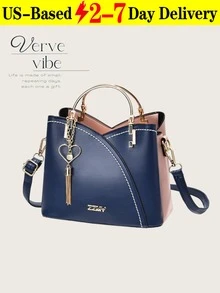 Elegant Two-Tone Color Block Shoulder Bag, Large Capacity Top Handle Satchel With Exquisite Heart Shape Metal Tassel Pendant, Women's Versatile Crossbody Bag For Daily Commute & Weekend Getaways, Ideal Valentines & Mother's Day Gift For Fashion-Loving Her Valentine's Day Wedding Valentines Valentines Gifts Mothers Day Gift Summer Art Birthday Decorations Galentines Galentines Gifts Cruise Essentials Bachelorette Party Supplies Easterr Metallic Gold Faux Leather Tote Fall - 彩色 - 查看 16