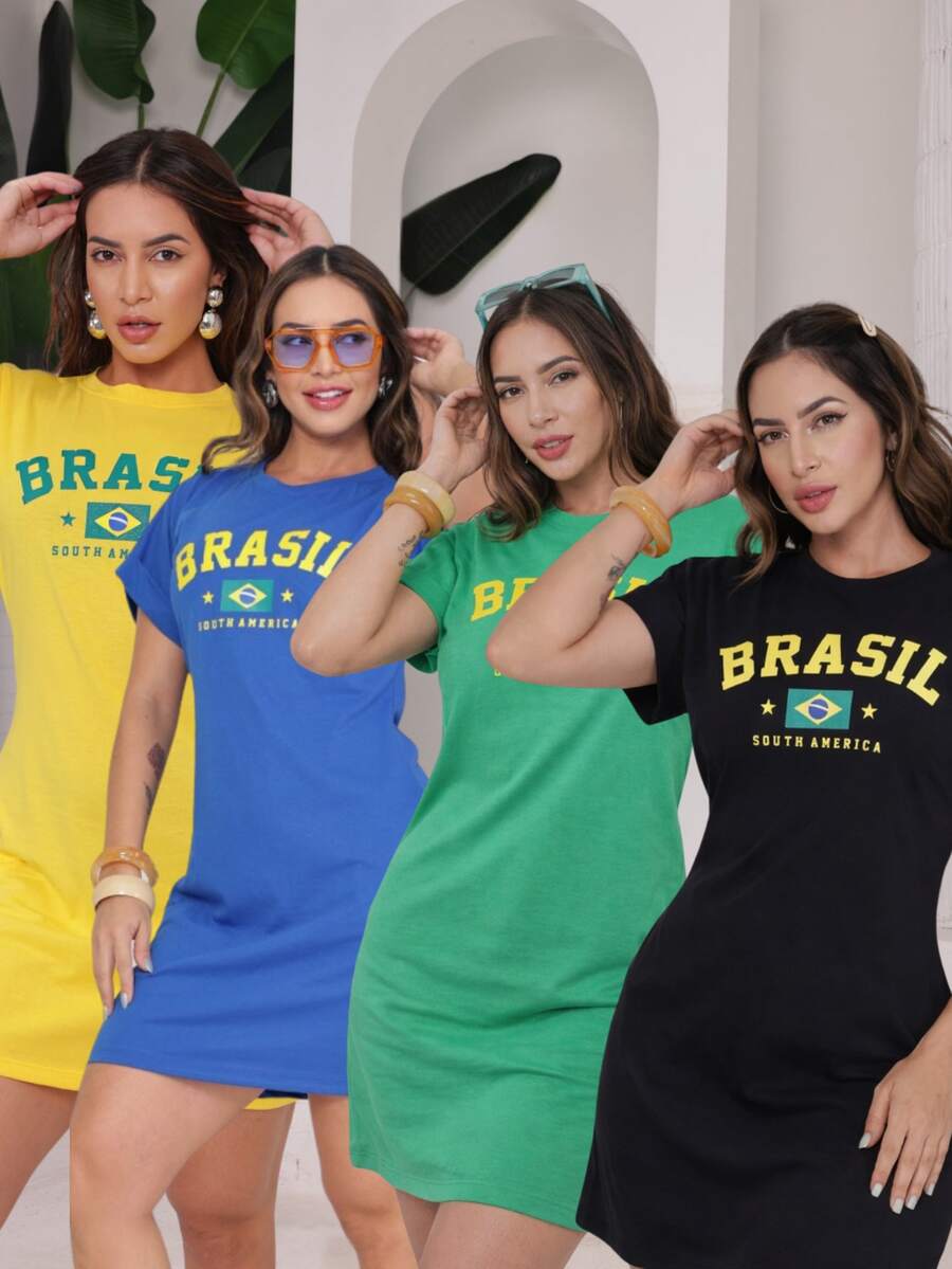Women's Short Green Brazil World Cup Dress, Casual Fan Outfit 2026 - Màu vàng - Xem 1
