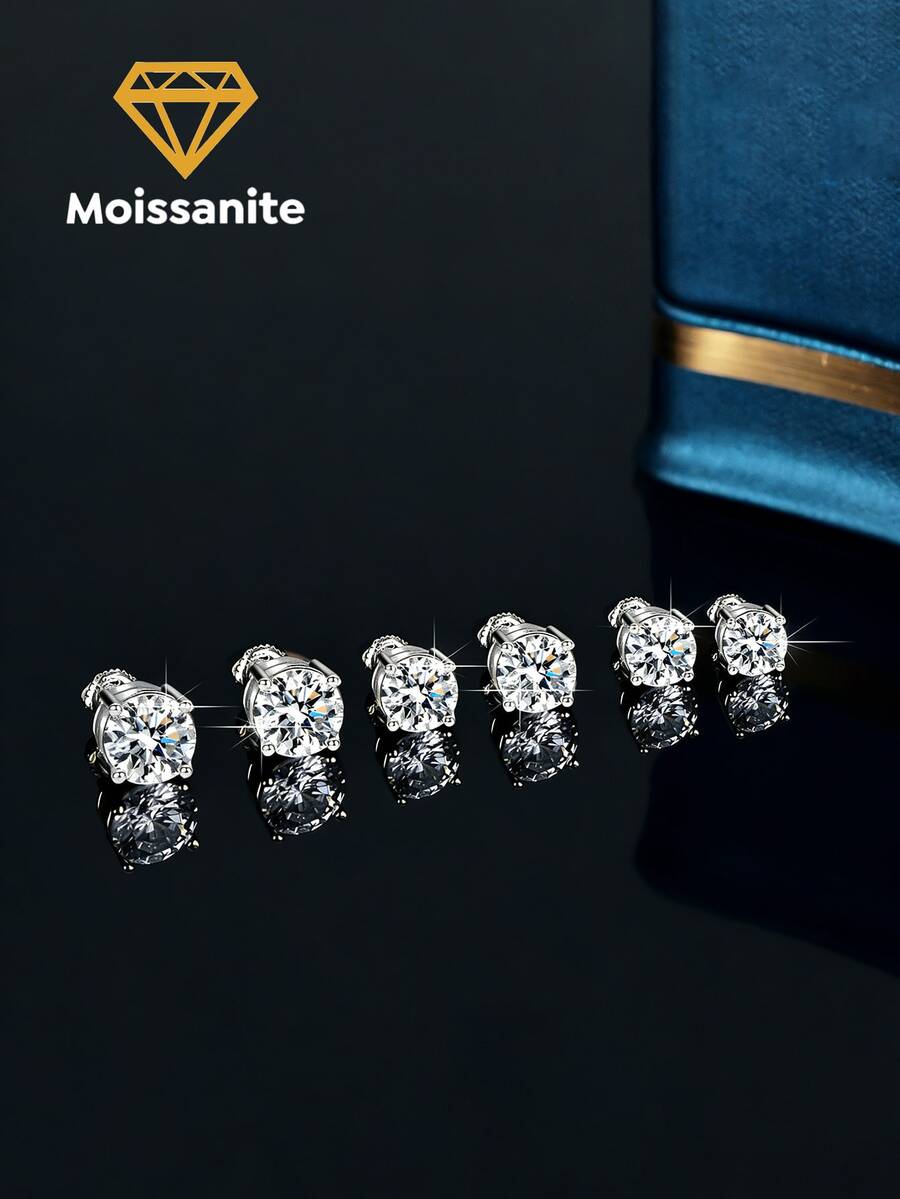 1 Pair 0.5ct-2ct S925 Sterling Silver 4-Prong Moissanite Screw Back Earrings, Classic & Elegant, Ideal Engagement/Wedding Jewelry Gift For Women - Threaded Moissanite Earrings - View 1