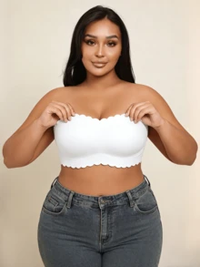 1 pieza Sujetador sin tirantes acolchado y sin costuras para tallas grandes, sujetador bandeau sin espalda con ribete de volantes - Blanco - Ver 5