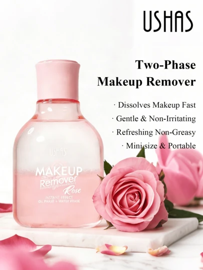  USHAS Rose Scented Makeup Remover Oil-In-Water, Gentle & Non-Irritating, Refreshing Rose Makeup Remover, 160ML, 3-In-1 For Eyes, Lips & Face