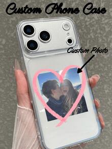 Custom Phone Case Anniversary Romantic Gift! Ins-Style Heart Single Photo Design Minimalist Clean Transparent Protective Case Compatible With Apple 17/17 Pro/17 Pro Max/17 Air, All Series, Apple Phone Case, Apple 16 Phone Case, Gift For Friends, Valentine's Day Gift - Clear - View 4