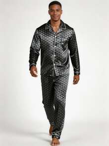 Snug League 2pcs Men's Satin Button-Up Geometric Plaid Pajama Set, Long Sleeve Shirt And Pants Loungewear, Winter Clothes - Blue - View 5