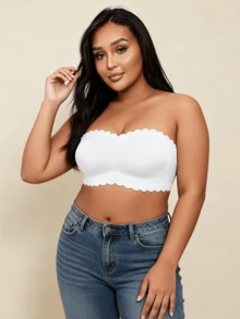 1 pieza Sujetador sin tirantes acolchado y sin costuras para tallas grandes, sujetador bandeau sin espalda con ribete de volantes - Blanco - Ver 8