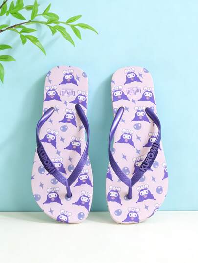 SANRIO & Cinnamon Roll &  Slippers, Spring/Summer Toe-Ring Sandals, Round Toe Flat Flip Flops, Cute Cartoon, Indoor/Outdoor Beach Casual Slip-On Slippers