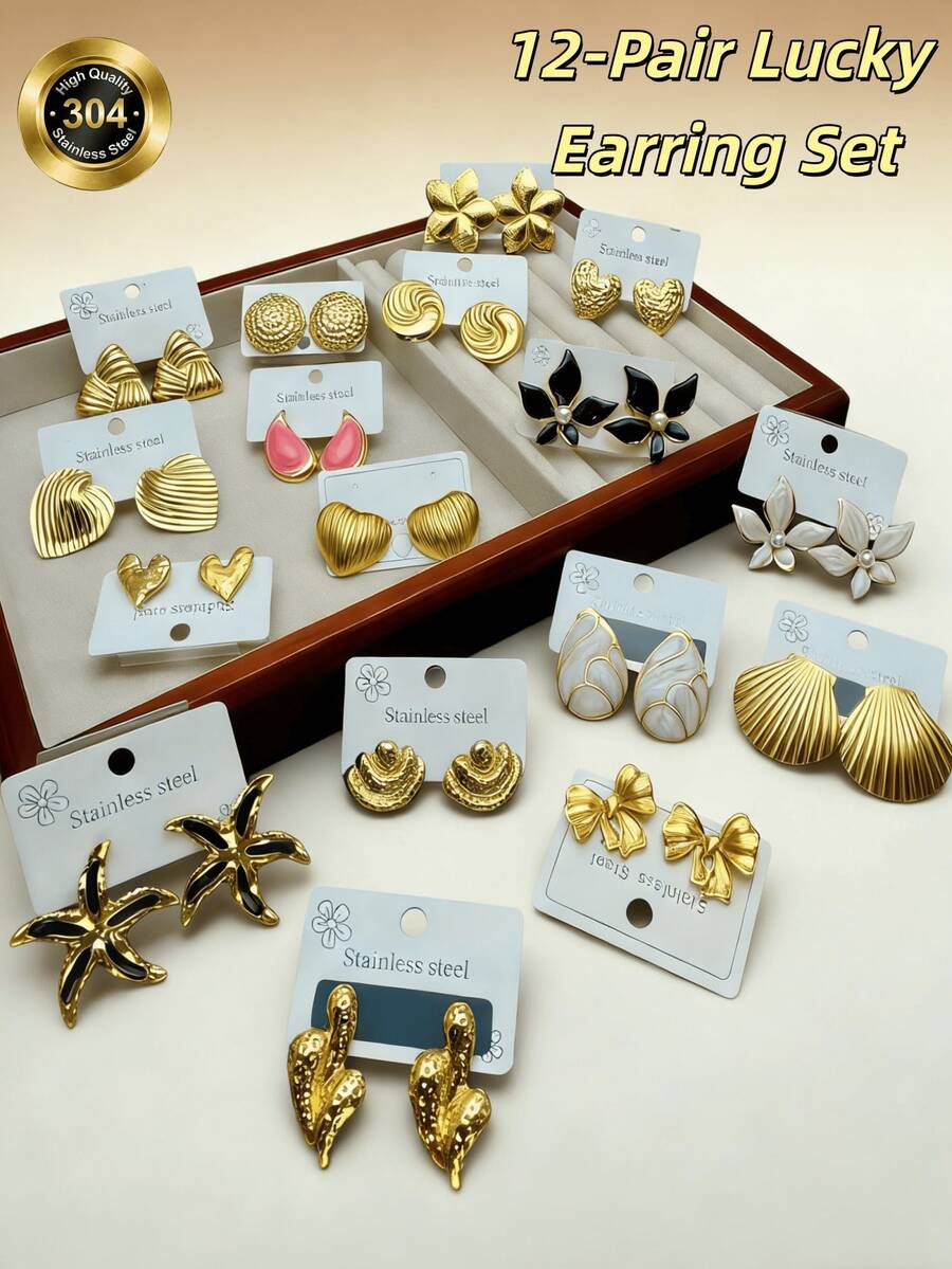 12 Pairs/Set Minimalist Stainless Steel Earring Set, Multi-Element Earring Set, Gold-Plated Earrings For Women, Hip Hop Accessories, Geometric Earrings, Suitable For Daily Wear, Gift For Girlfriends/Family/Friends - Multicolor - View 1