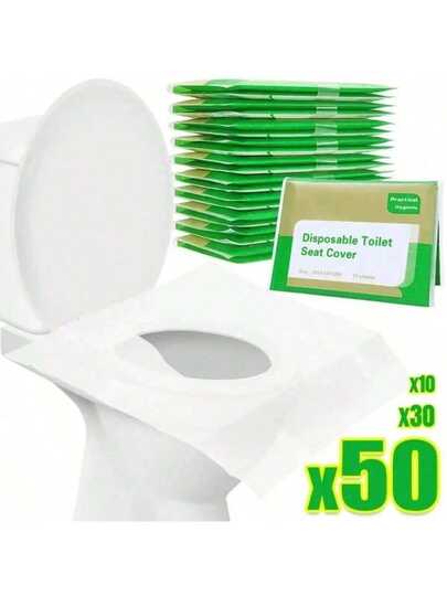 50 piezas de cubiertas desechables para asiento de inodoro envueltas individualmente, alfombrilla de papel higiénico portátil y desechable para entrenamiento de adultos y niños, accesorios de baño desechables e impermeables para hoteles, viajes y baños públicos