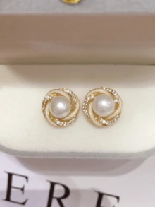 1 Pair Fashionable Minimalist Pearl Stud Earrings For Teen, Sweet & Elegant Crystal Embellished Earrings - Multicolor - View 3