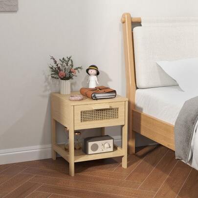 Bedside Tables, Side Tables, Natural Rattan Bedside Tables With Drawers And Open Shelves, Rattan Design, Natural Finish, 40 X 40 X 48.4 Cm