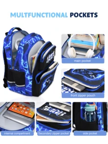 1 Set Kids Backpack With Cool Graphic, Game Controller Print Backpack With Lunch Bag, Zipper Closure, Multi-Pocket Design, Suitable For Daily Wear, Camouflage Blue/Red Set - A - View 3