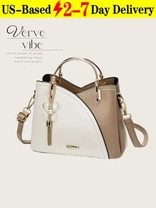 Elegant Two-Tone Color Block Shoulder Bag, Large Capacity Top Handle Satchel With Exquisite Heart Shape Metal Tassel Pendant, Women's Versatile Crossbody Bag For Daily Commute & Weekend Getaways, Ideal Valentines & Mother's Day Gift For Fashion-Loving Her Valentine's Day Wedding Valentines Valentines Gifts Mothers Day Gift Summer Art Birthday Decorations Galentines Galentines Gifts Cruise Essentials Bachelorette Party Supplies Easterr Metallic Gold Faux Leather Tote Fall - 彩色 - 查看 15