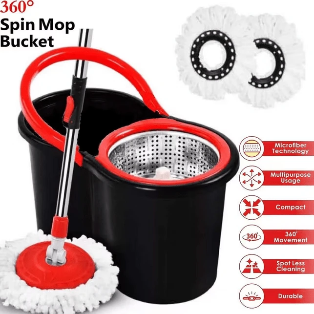 360° FLOOR MAGIC SPIN MOP BUCKET SET PREMIUM ROTATING DRY HEADS WITH 2 HEADS