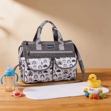 新款时尚云朵印花单肩妈咪包；多功能大容量斜挎母婴包；便携式孕妇尿布包 - 深灰色 - 查看 3
