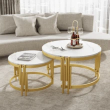 Moduliertes Couchtisch-Set, Marmoroptik, Goldener Metallrahmen, Runde Tische In Zwei Größen - Antique Brass + White - View 4