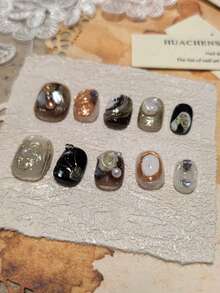 1package/10pcs-Gothic Noir Pearls & Amber Resin Statement Nails - Multicolor - View 3