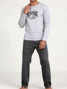 Snug League Spring And Autumn Men's Pajamas Round Neck Pullover Letter Print Long-Sleeved Top Pure Black And Gray Trousers Two Pieces Set Casual And Comfortable Lazy Feeling Can Be Worn Outside Home Clothes Suit, For Fall Winter - Multicolor - View 3