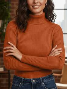 Elegant Women's Turtleneck Ribbed Long Sleeve Winter Cold Weather Casual Thermal Knit - Tile - View 5
