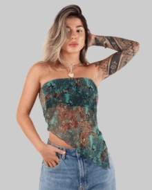 Women's Basic Translucent Tropical Floral Cropped Tube Top With Transparent Tulle, Strapless, Summer Style, Lining, Aitona - ANIMAL PRINT - View 2