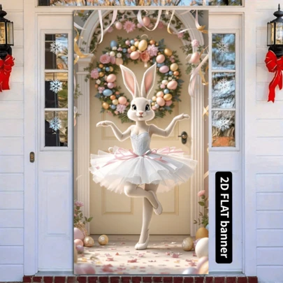 2D Door Banner, Easter Bunny Ballet Welcome Door Banner With Wreath And Pastel Eggs, Holiday Indoor/Outdoor Decor, Polyester, 70.8x35.4 Inches