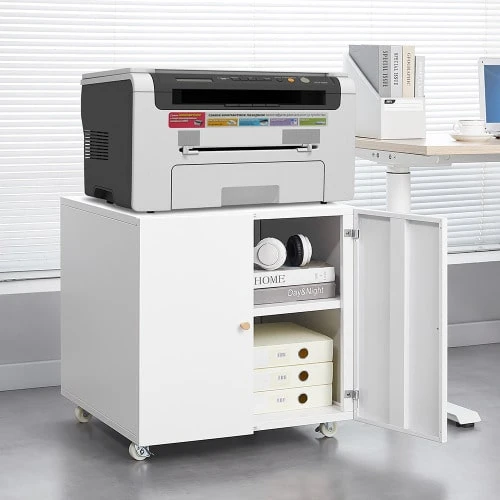 Metal Printer Stand With Storage, Mobile Printer Table For Small Spaces With Adjustable Shelf, Filing Cabinet On Wheels For Home Office (White) - 白色 - 查看 1