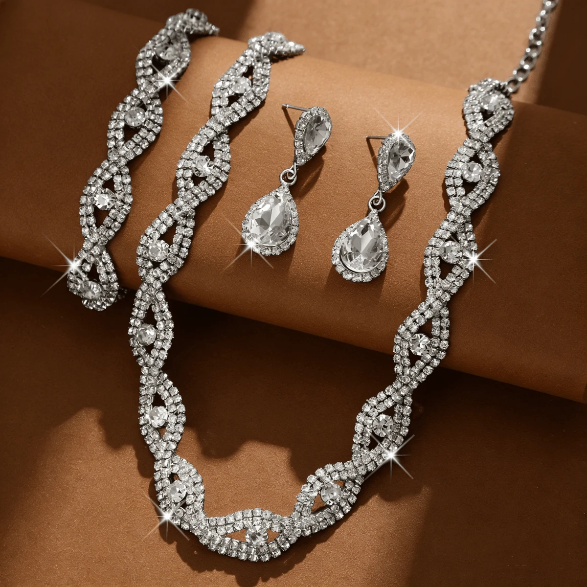 3pcs Luxury Water Drop Jewelry Set | Rhinestone Copper Alloy Necklace & Bracelet | Wedding Party Gift - White - View 1