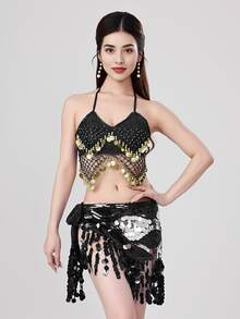 Women's Belly Dance Set Sequined Tassel Bra + Waist Chain Latin Dance Performance Practice Clothing Set - Multicolor - View 14