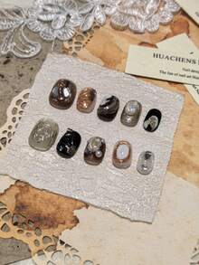 1package/10pcs-Gothic Noir Pearls & Amber Resin Statement Nails - Multicolor - View 7