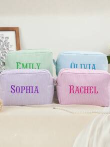 Personalized Embroidered Thin Canvas Cosmetic Bag, Customizable Embroidered Name Makeup Bag, Bridesmaid Gift, Bridal Party Gift, Women's Gift, Customizable Toiletry Bag, Sanitary Pad Storage Bag, Travel Makeup Bag, Cosmetic Bag, Women's Gift, Customizable Name Makeup Bag - Multicolor - View 8