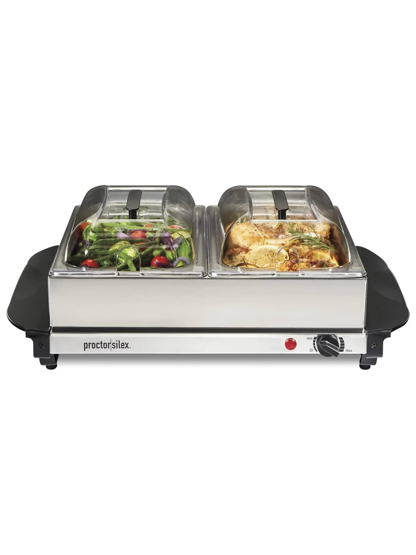 Bufetera con 2 sartenes removibles y tapas abovedadas transparentes que conservan el calor Proctor Silex, de acero inoxidable, ideal para eventos - Plateado - Ver 1