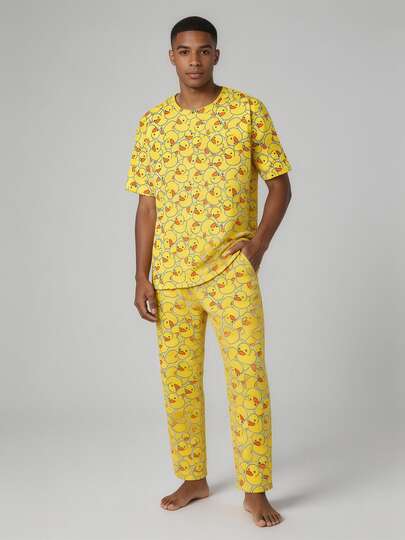  Snug League 2pcs Men's Casual Cute Cartoon Duck Print Short Sleeve Top And Pants Pajama Set, Lightweight And Comfortable For Summer Home Wear