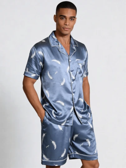 Snug League 两件套男士缎面羽毛印花睡衣套装短裤丝绸纽扣式短袖上衣家居服夏季家居服，清凉浅蓝色