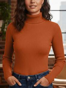 Elegant Women's Turtleneck Ribbed Long Sleeve Winter Cold Weather Casual Thermal Knit - Tile - View 1