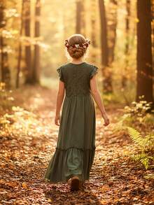 Tween Girl Solid Color Patchwork Lace Ruffle Trimmed Decorated Dress - 橄欖綠 - 查看 10