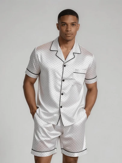  Snug League 2pcs/Set Men's Polka Dot Casual Sleepwear, Short Sleeve Top & Shorts, White Silk Pajama Set, Summer & Spring