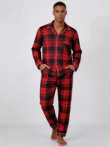 Snug League 男士睡衣套装（两件套），红色格子数码印花，柔软舒适的长袖纽扣上衣和松紧腰长裤，时尚秋冬睡衣，新年礼物 - 酒紅色 - 查看 1