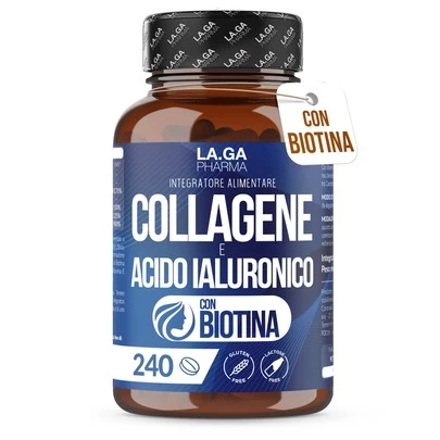 LA.GA Collagene e Acido Ialuronico con BIOTINA per Capelli, Pelle, Unghie e Articolazioni. Collagene Idrolizzato 240 compresse 2000 MG con Zinco, CoQ10 e Vit. C + E per Ossa e Denti Forti. Made in Italy