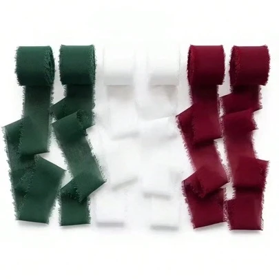 3 لفات/6 لفات (أحمر /أخضر داكن/أبيض نقي) شريط ساتان شيفون مزخرف بالشرابات اليدوية - عرض 1.57 بوصة وطول 5 ياردات، تزيين دعوات الزفاف والباقات الزفافية، أعمال يدوية، ديكور عيد الميلاد وعيد الحب - إجمالي 30 ياردة شيفون