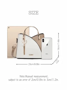 Elegant Two-Tone Color Block Shoulder Bag, Large Capacity Top Handle Satchel With Exquisite Heart Shape Metal Tassel Pendant, Women's Versatile Crossbody Bag For Daily Commute & Weekend Getaways, Ideal Valentines & Mother's Day Gift For Fashion-Loving Her Valentine's Day Wedding Valentines Valentines Gifts Mothers Day Gift Summer Art Birthday Decorations Galentines Galentines Gifts Cruise Essentials Bachelorette Party Supplies Easterr Metallic Gold Faux Leather Tote Fall - 彩色 - 查看 9
