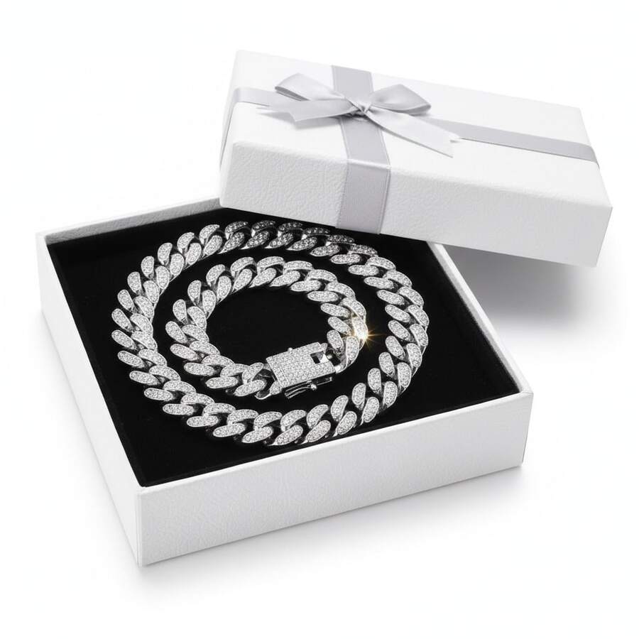 18K Gold Plated Cuban Link Chain Men Women 14mm Miami Out Zirconia Hop Jewelry 18-24 Inch(Silver) - 銀色 - 查看 1