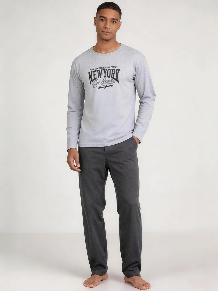 Snug League Spring And Autumn Men's Pajamas Round Neck Pullover Letter Print Long-Sleeved Top Pure Black And Gray Trousers Two Pieces Set Casual And Comfortable Lazy Feeling Can Be Worn Outside Home Clothes Suit, For Fall Winter - Multicolor - View 1