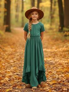 少女无袖露背不对称下摆连衣裙，适合婚礼、派对、波西米亚风度假等场合 - 青碧色 - 查看 5