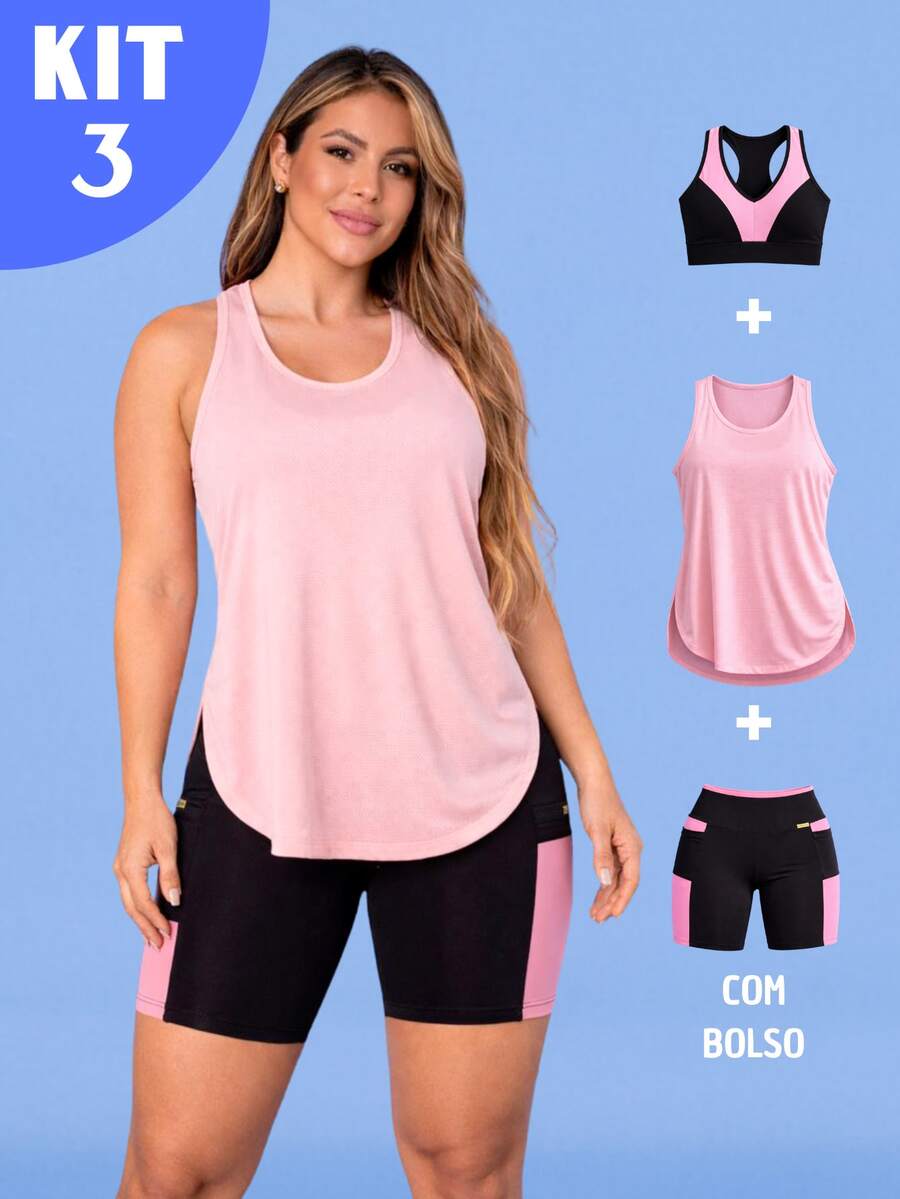 Kit Of 3: Women's Fitness Set - Top, Shorts, Pocket Tank Top, Dry Fit, Gym - Tarelles - 淺粉色 - 查看 1