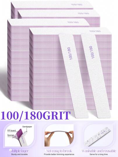 100pcs Nail Files, 100/180 Grit Double-Sided Reusable, Violet Striped Sandpaper Design, Suitable For Acrylic Nails - Ideal For Home And Salon Use, Professional Manicure Product