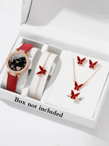 6件套：时尚简约圆形阿拉伯心形石英表 + 蝴蝶首饰套装/心形钻石套装/水滴形钻石套装（戒指、耳环、手链、项链），万圣节、圣诞节、情人节、母亲节、节日最佳礼物 - 黑色 - 查看 11