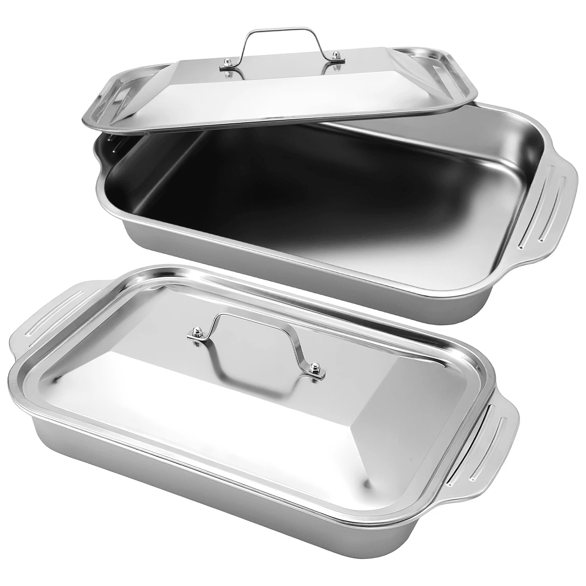 TUMATICLY 4PCS Stainless Steel Baking Trays With Lids (2 Lids, 2 Containers), 9x13IN/22.9x33CM (Large And Small), Rectangular Loaf Pans With Lids, Disposable Baking, Steam Baking Trays, For Cakes, Dishwasher , Serving Containers