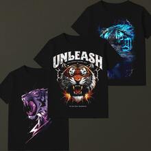 Kit Of 3 Tiger Lightning Bolt T-Shirts, 100% Cotton, Premium Printed, Men's T-Shirt, Sizes 2 To GG (Extra Large). - màu đen - Xem 1
